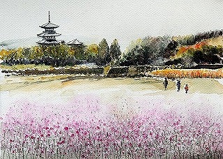 法起寺と秋桜